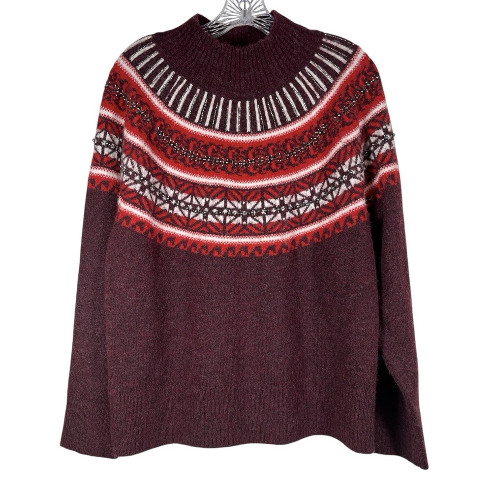 NWT Rachel Zoe Sz XL Sweater Burgundy Red Fair Isle Beaded Mock Neck New